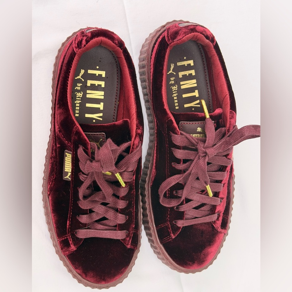 Puma x Fenty Burgundy Velvet Creeper Sneaker with Gold Accents